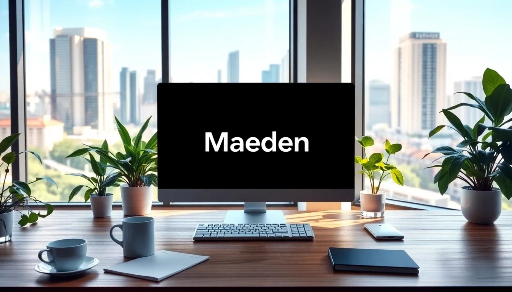 Maeden logo on a sleek workspace computer screen with a vibrant city view.