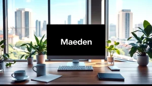Maeden logo on a sleek workspace computer screen with a vibrant city view.