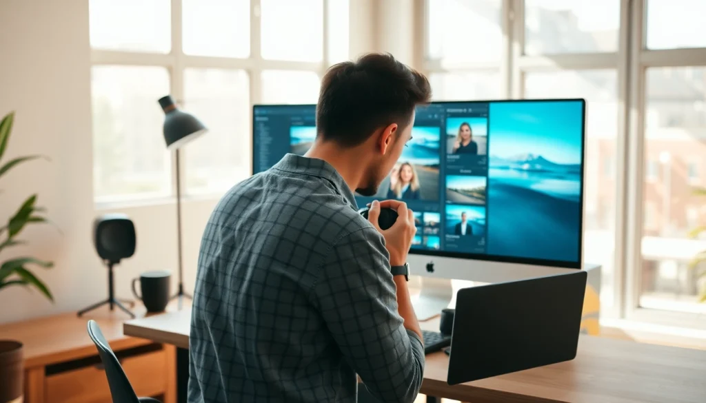 Editing photographs using Lightroom presets for photographers in a stylish studio setting.