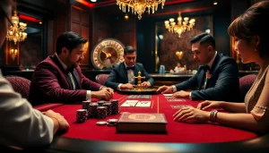 Tác giả Trần Chinh analyzing a professional poker game in an upscale casino setting.