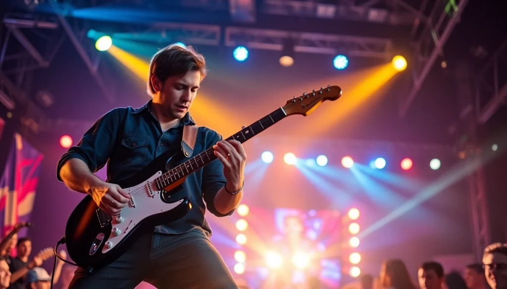Musician performing intensely, highlighting laoutaris in a vibrant concert atmosphere.