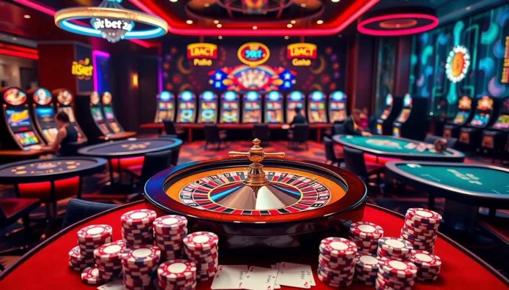 i9bet presents an exciting and luxurious online casino experience with roulette, poker, and vibrant slot machines.