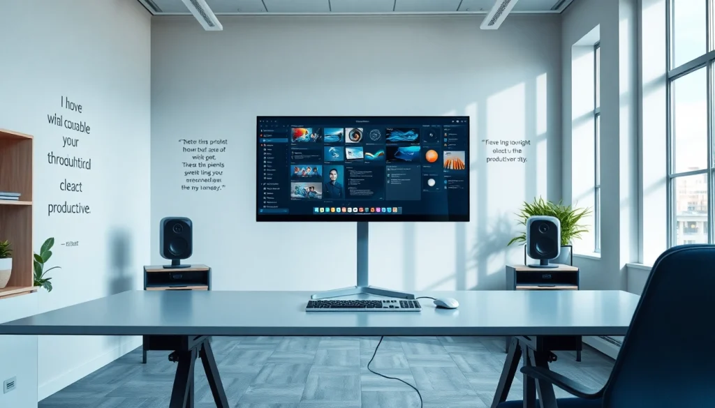Visualize a modern virtual desktop setup emphasizing productivity and efficiency, showcasing a sleek workspace.