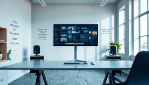 Visualize a modern virtual desktop setup emphasizing productivity and efficiency, showcasing a sleek workspace.