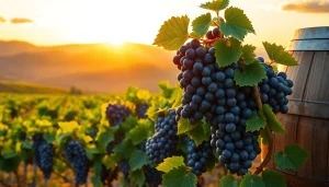 Harvesting grapes in Carksburg CA, showcasing vibrant vineyards at sunset.