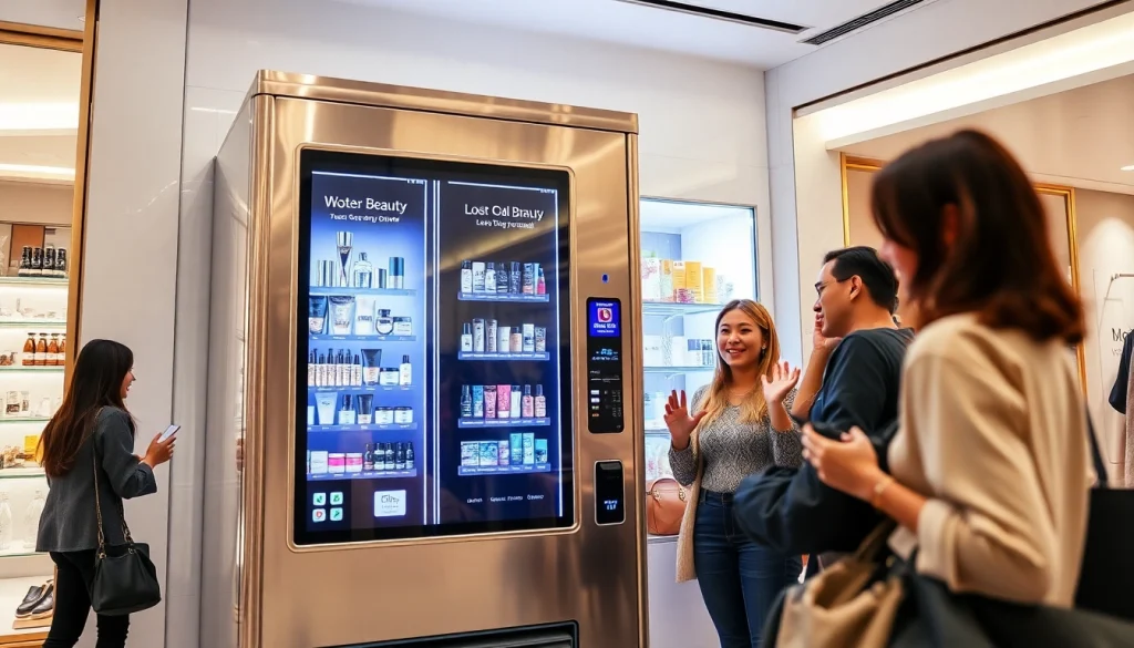 Luxury beauty vending machine showcasing high-end skincare products in a modern retail setting.