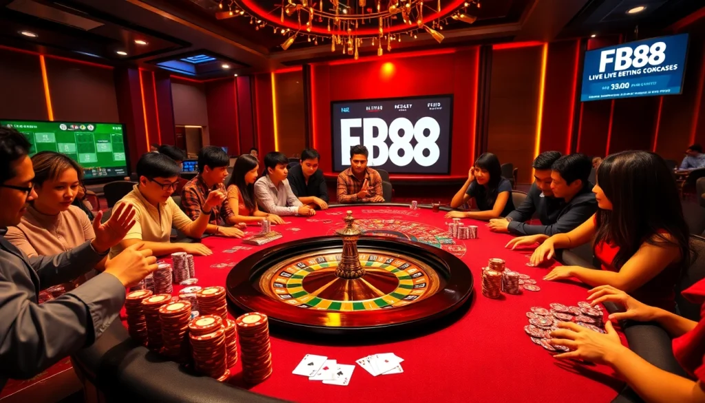 Engaging gaming atmosphere at FB88 casino with vibrant poker tables and roulette wheels.