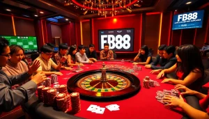 Engaging gaming atmosphere at FB88 casino with vibrant poker tables and roulette wheels.