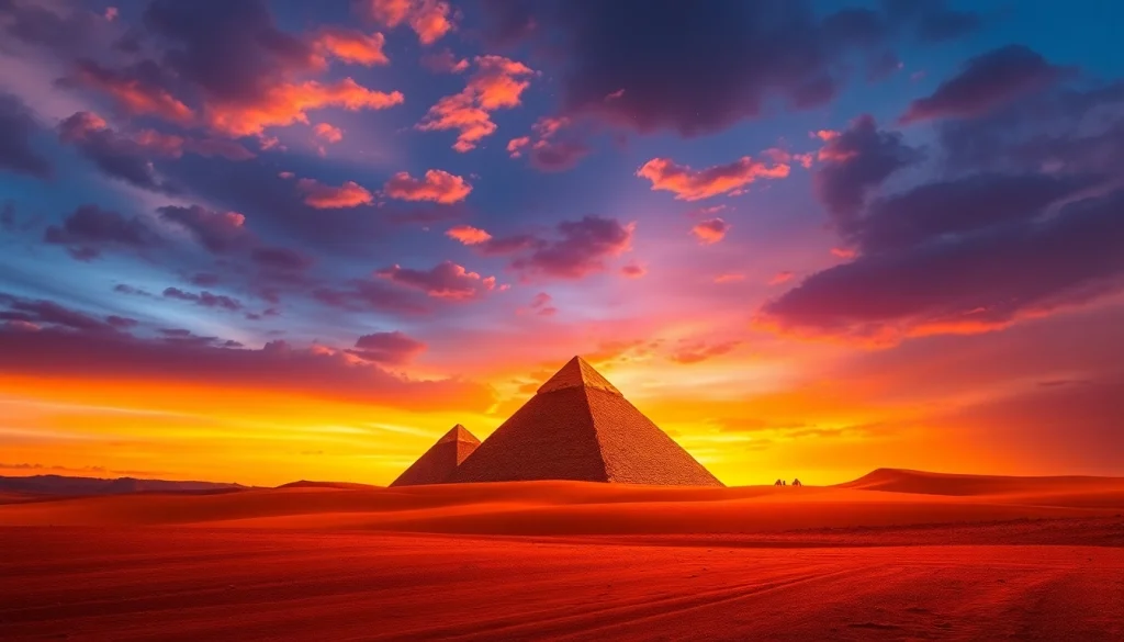 Explore piraminds with stunning sunset over the pyramids of Giza in the Egyptian desert.