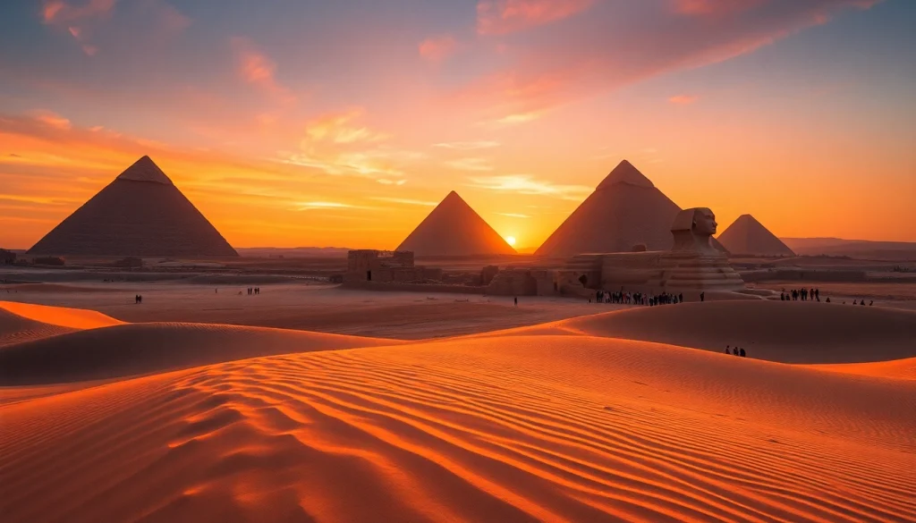 Experience the majesty of the Pyramids of Giza, featured on https://piraminds.com/, under a breathtaking sunset.