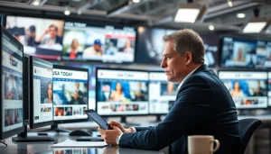 Journalist immerses in research on the Usa Today website in a modern newsroom setting.