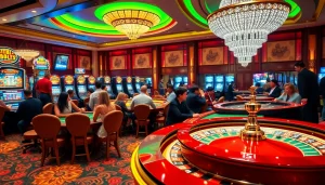Excited gamblers at a luxurious casino, showcasing vibrant gaming experiences and online gambling details at https:/cm88.bz/.