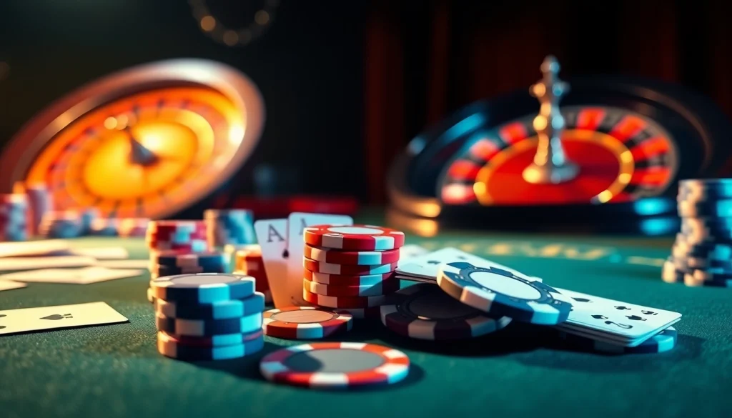 Sbobet offers an enticing casino scene with vibrant poker chips and a roulette wheel.