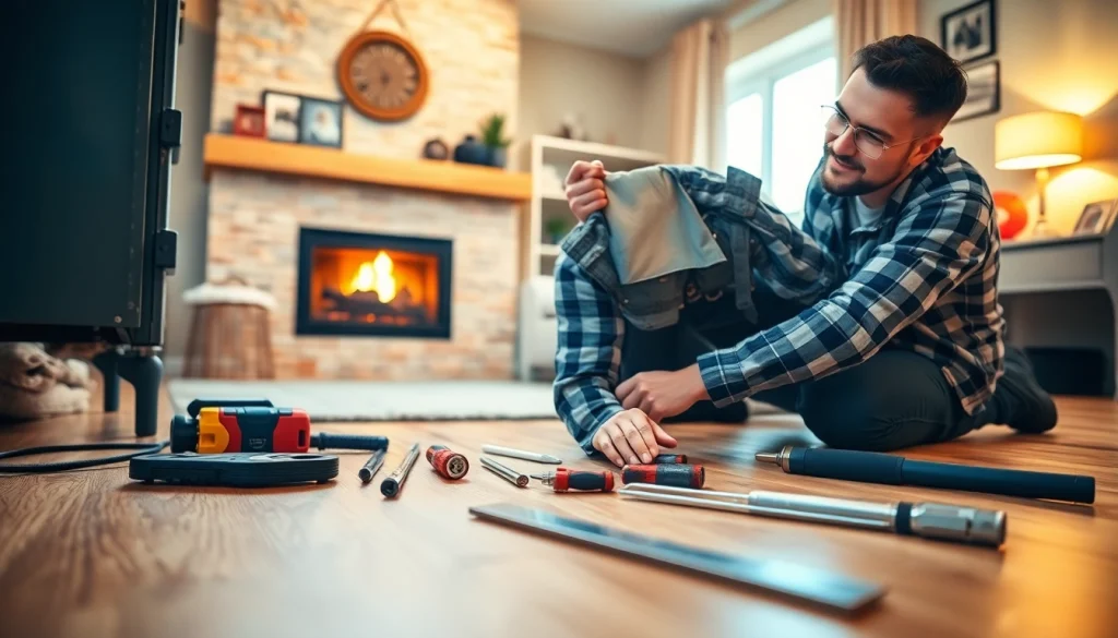 Technician providing furnace repair lewisboro service in a warm living room environment.