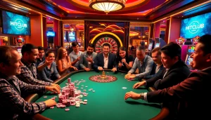 Engage in thrilling poker action at HITCLUB with vibrant chips on a bustling casino table.