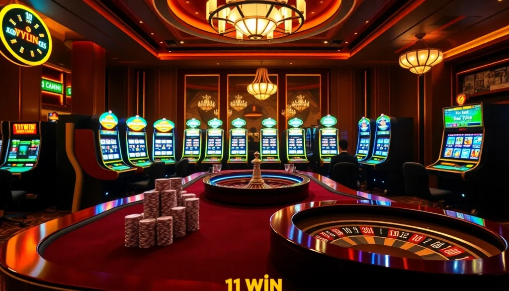 Experience high-stakes poker action at 11win net with vibrant slot machines and elegant decor.