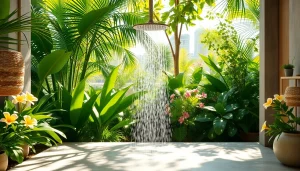 Experience the tranquil sunny shower in an idyllic outdoor bathroom surrounded by lush greenery.