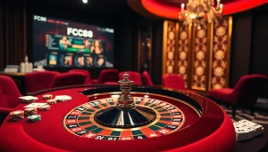 A thrilling moment at a roulette table featuring the luxurious atmosphere of https://fc88.de.com/ with vibrant chips and cards.