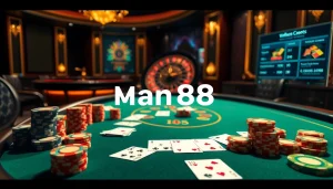 Man88 poker table showcasing vibrant chips, cards, and an elegant casino ambiance.