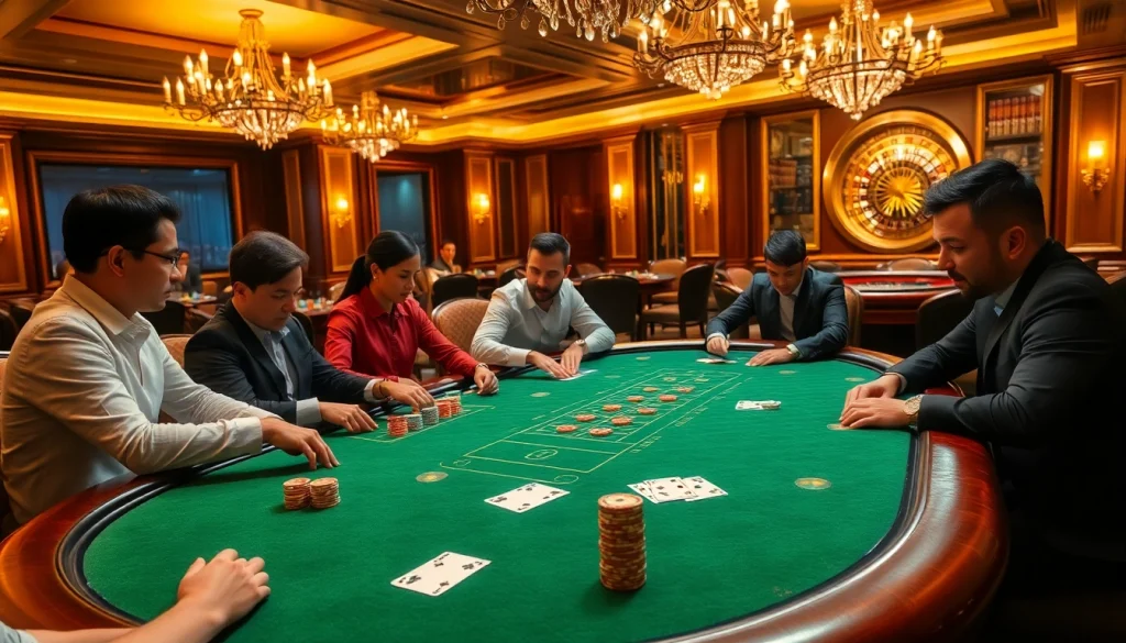 Engage in a thrilling poker game at a luxury casino highlighting GK88 poker chips and table.