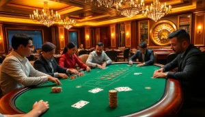Engage in a thrilling poker game at a luxury casino highlighting GK88 poker chips and table.