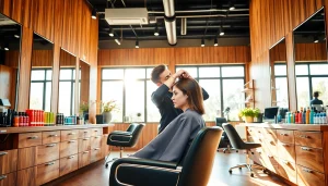 Frizerie Craiova showcasing a modern salon with stylists and vibrant hair products.