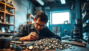 Zinn verkaufen in einem professionellen Handwerksatelier, wo ein Kunsthandwerker mit Zinn arbeitet.