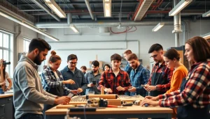 Learn about trade schools in Hawaii through diverse students engaged in hands-on training in a vibrant workshop setting.