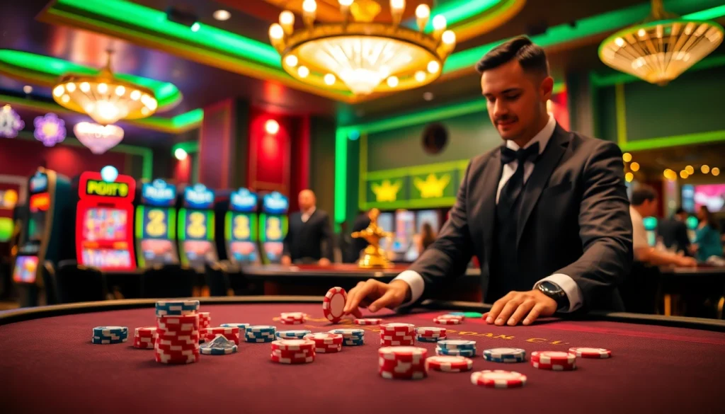 Hit Club casino scene featuring an elegant poker table with chips and a roulette wheel.