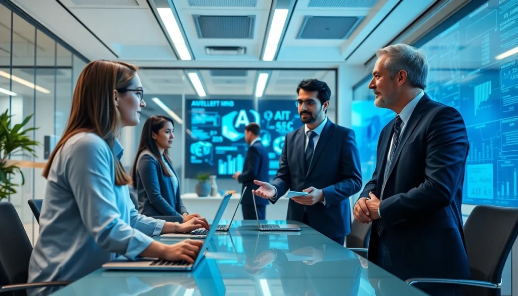 AI consulting company in UK showcasing expert consultants collaborating with clients in a modern office.