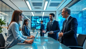 AI consulting company in UK showcasing expert consultants collaborating with clients in a modern office.