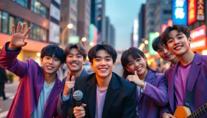 BTS members showcasing their vibrant personalities in an urban setting with energetic poses.