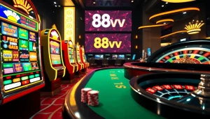 Engaging players at an 88vv casino with vibrant slot machines and poker tables.
