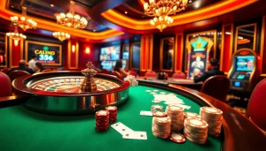 High-stakes action at a lively casino display signifying the hidden wiki with poker tables and roulette wheels.