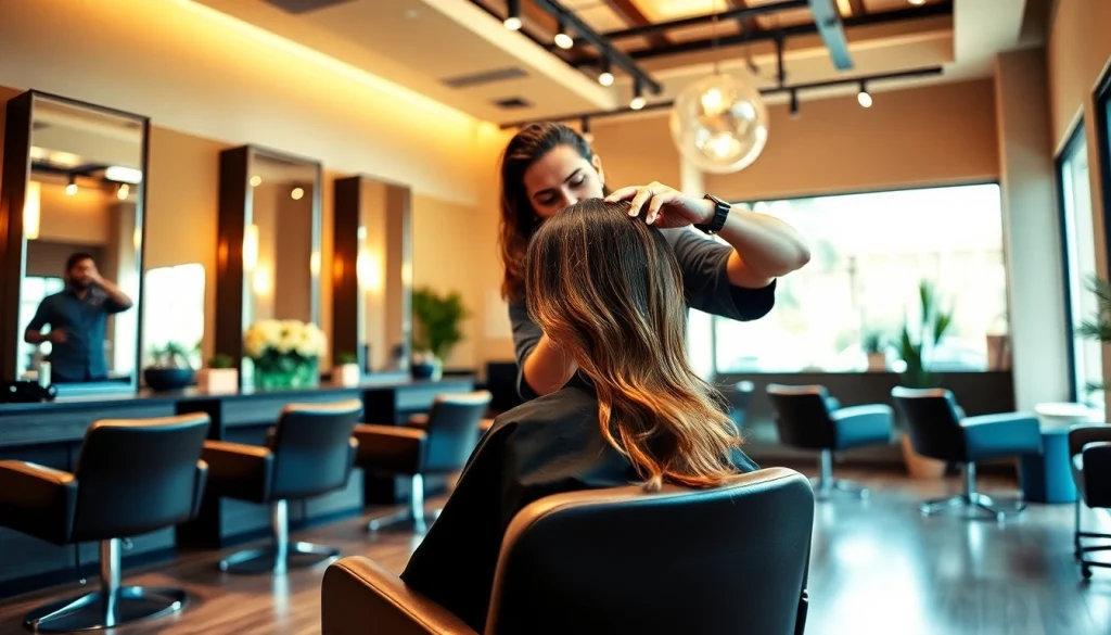 Complimentary haircut at hair salons san diego showcasing expert stylist with beautiful highlights in a cozy, vibrant salon.