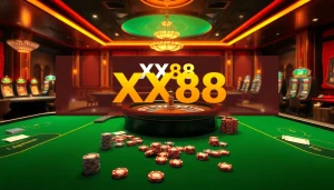 Engaging XX88 online casino scene featuring poker tables, roulette wheels, and vibrant atmosphere