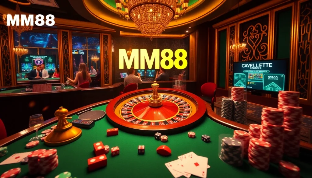 Experience MM88's thrilling casino atmosphere with a roulette wheel and poker chips.