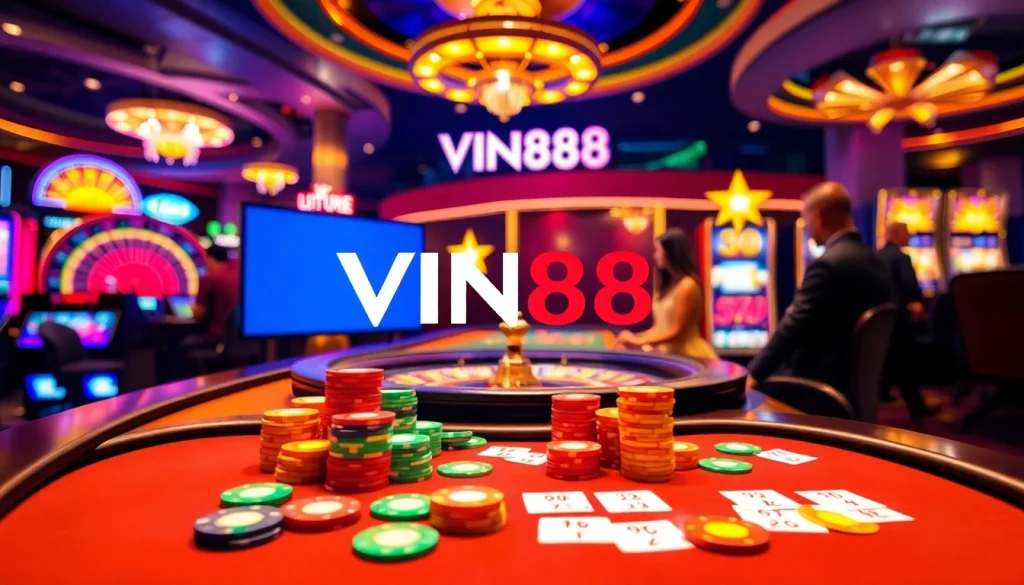 VIN88 casino scene showcasing vibrant gaming tables and engaging players in action.