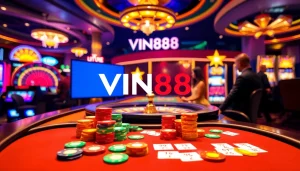 VIN88 casino scene showcasing vibrant gaming tables and engaging players in action.