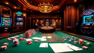 Amazing action shot showcasing the xx88 casino atmosphere with cards and roulette wheel.