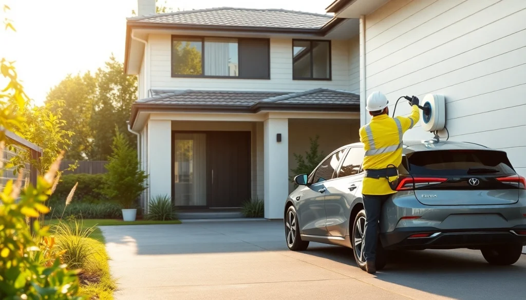 EV Charger Install Cost depicted through a professional electrician installing a home EV charger in Melbourne.