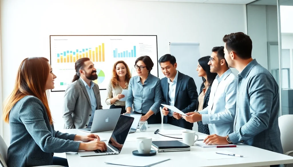 Capture business growth insights through a diverse team brainstorming in a modern office.