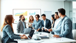 Capture business growth insights through a diverse team brainstorming in a modern office.