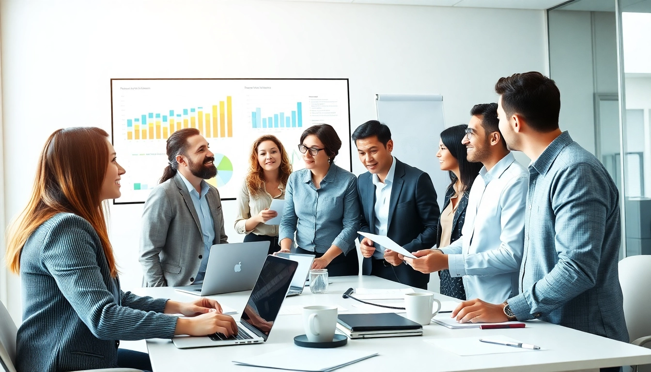 Capture business growth insights through a diverse team brainstorming in a modern office.