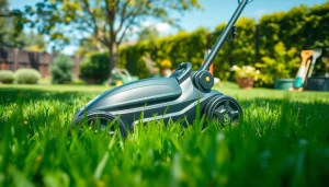Electric lawn mower cordless in action, seamlessly mowing a vibrant green lawn.