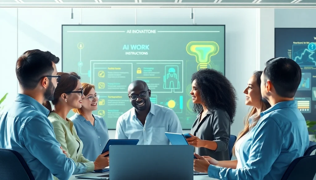 Collaborative team using AI work instructions on digital displays in a modern office.