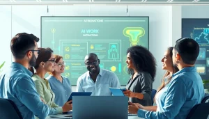Collaborative team using AI work instructions on digital displays in a modern office.
