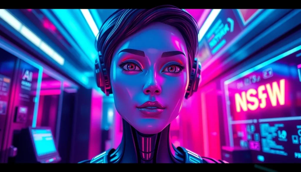 A captivating NSFW AI character in a vibrant futuristic setting, showcasing expressive features and high-tech elements.