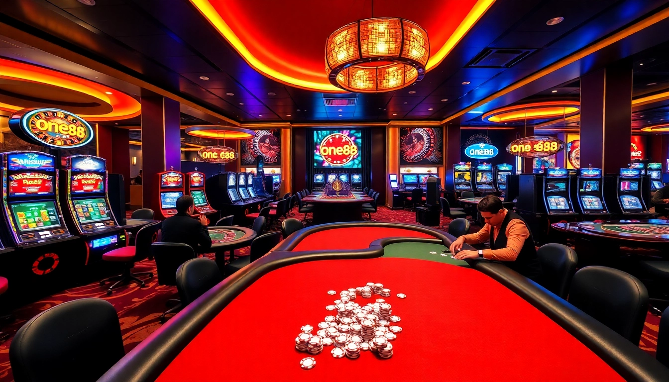 Exciting gambling scene showcasing one88 casino tables, players enjoying poker and roulette.