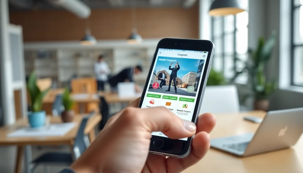 모바일쿠폰을 다채롭게 제공하는 스마트폰 화면을 강조한 모바일 앱 인터페이스